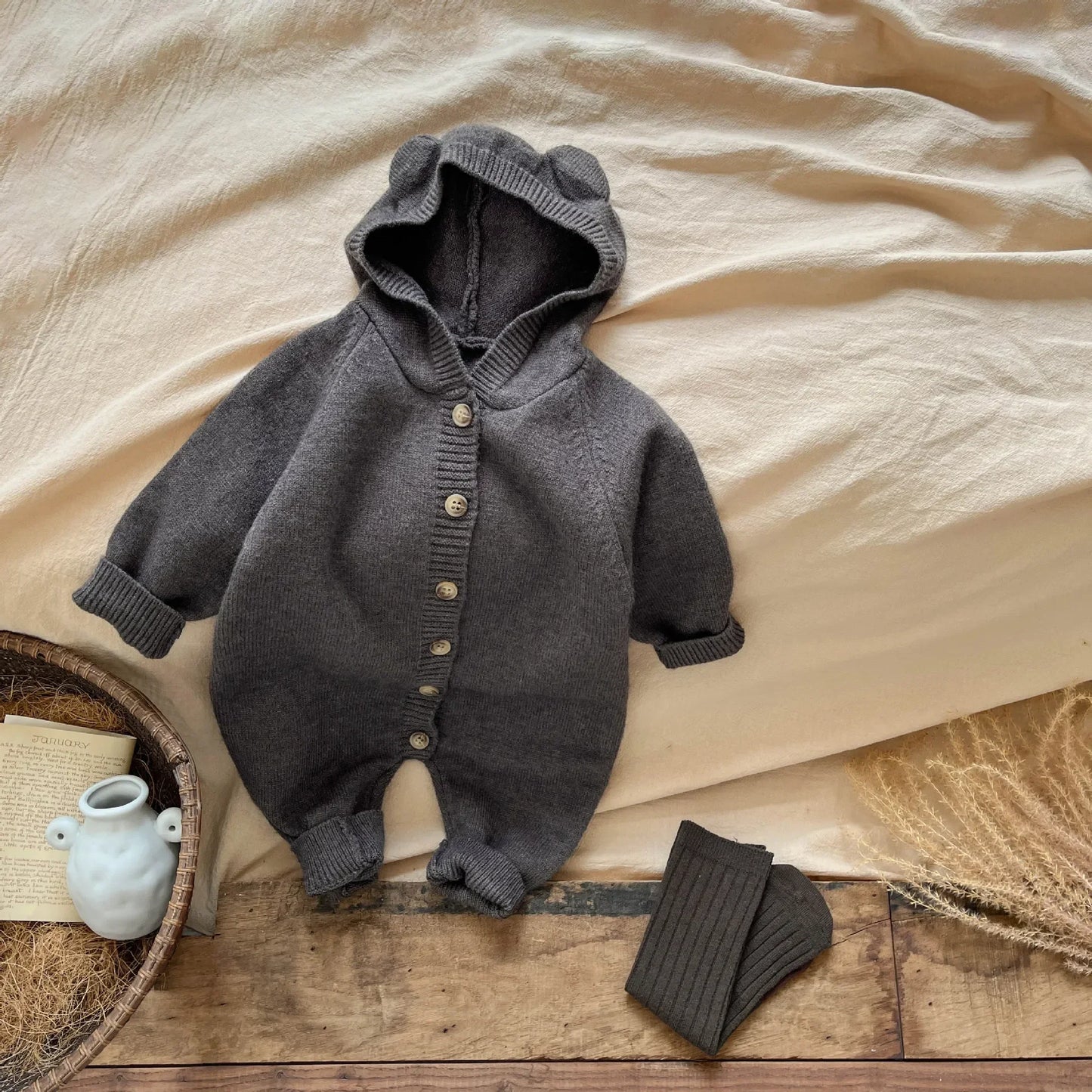 Charming Rabbit Ear Baby Jumpsuit - Autumn Knitted Climbing Suit