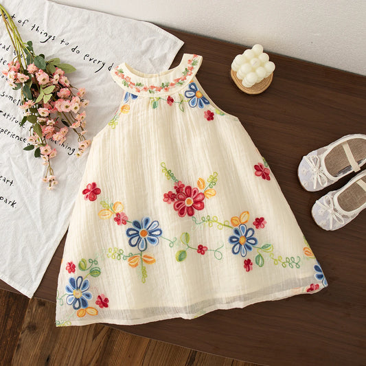 Flower Embroidery Baby Girl Summer Dress - Cotton Beach Dress