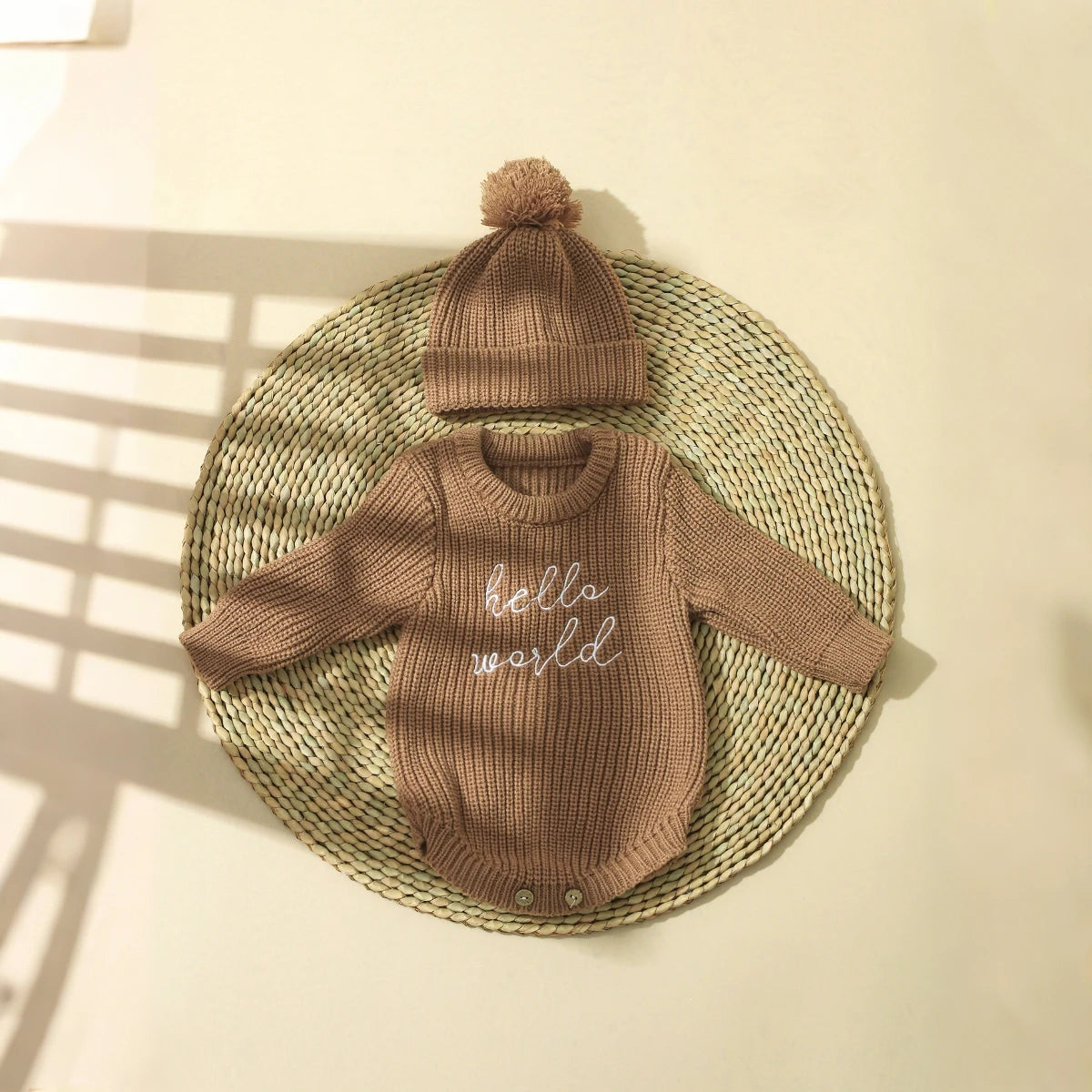 Hello World Knitted Newborn Photo Set - Romper & Pom Hat