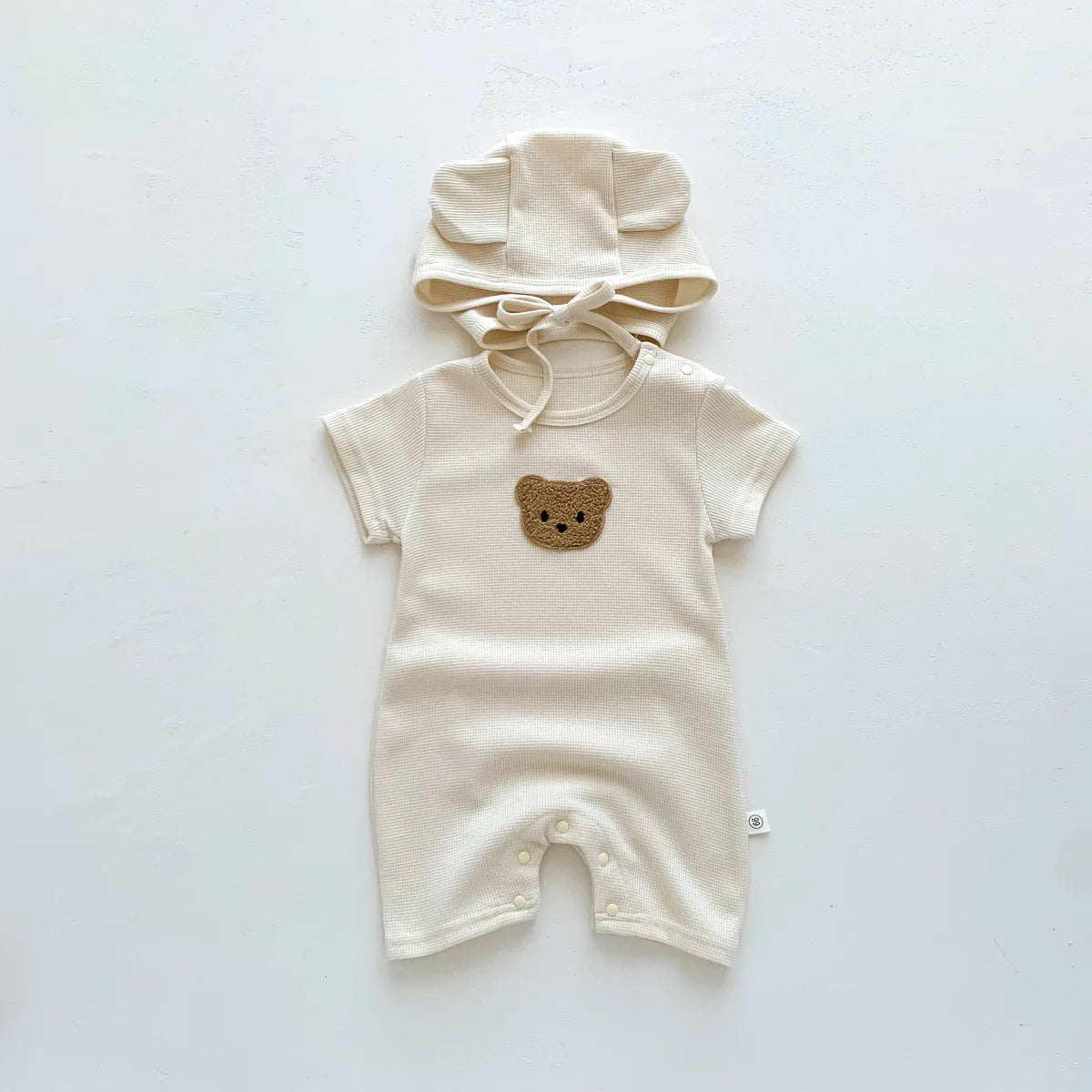 Little Bear Summer Romper Set - Cotton Waffle Jumpsuit with Matching Ear Hat