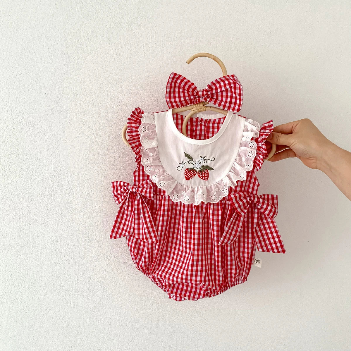 Sweet Strawberry Dreams Baby Romper Set - Adorable Red Plaid with Matching Headband