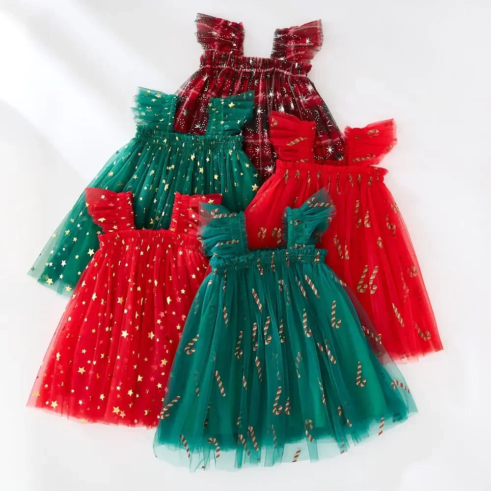 Gold Star Tulle Christmas Dress - Girls Party Dress with Mesh Overlay (0-7Y)