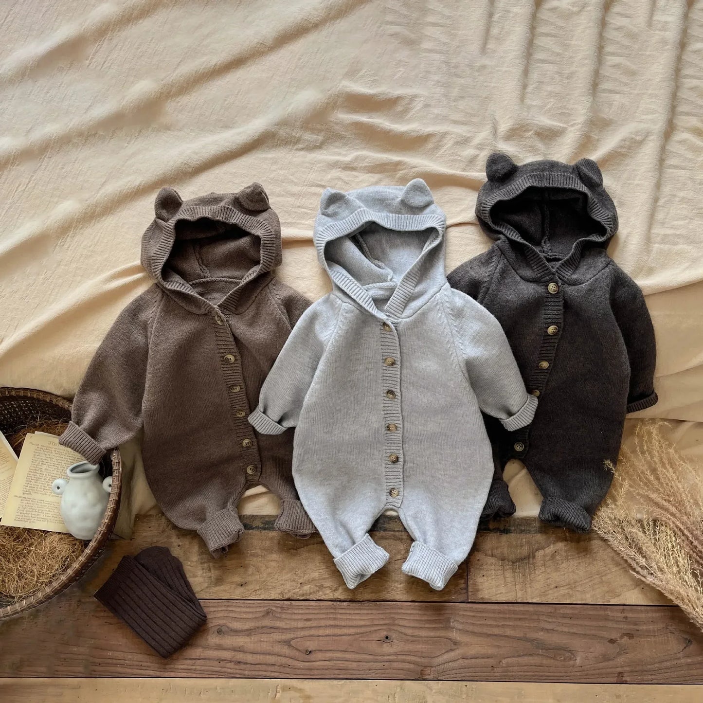 Charming Rabbit Ear Baby Jumpsuit - Autumn Knitted Climbing Suit