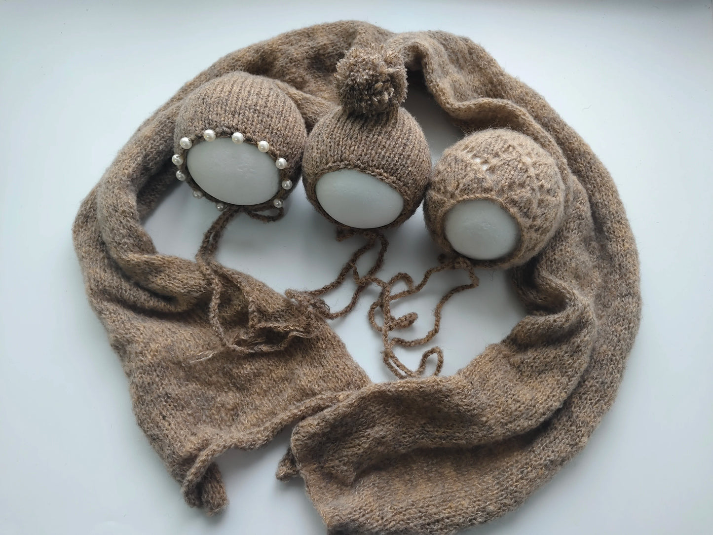 Newborn Photography Props - 3 Mohair Hats & Wrap Set