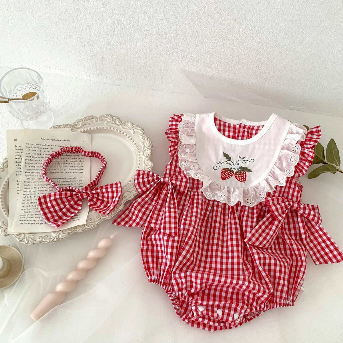 Sweet Strawberry Dreams Baby Romper Set - Adorable Red Plaid with Matching Headband