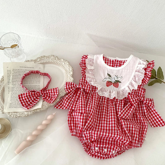 Sweet Strawberry Dreams Baby Romper Set - Adorable Red Plaid with Matching Headband