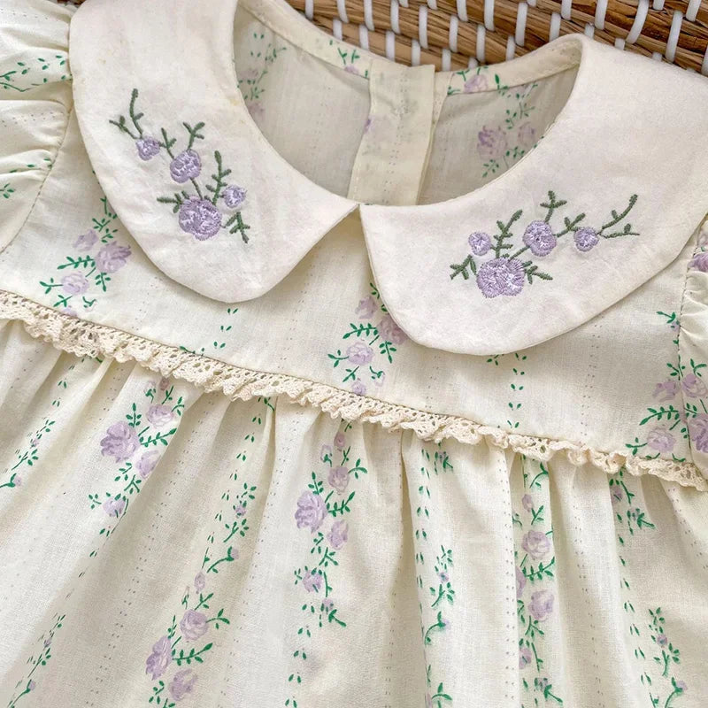 Purple Flower Baby Girl Romper - Embroidered Cotton Summer Jumpsuit