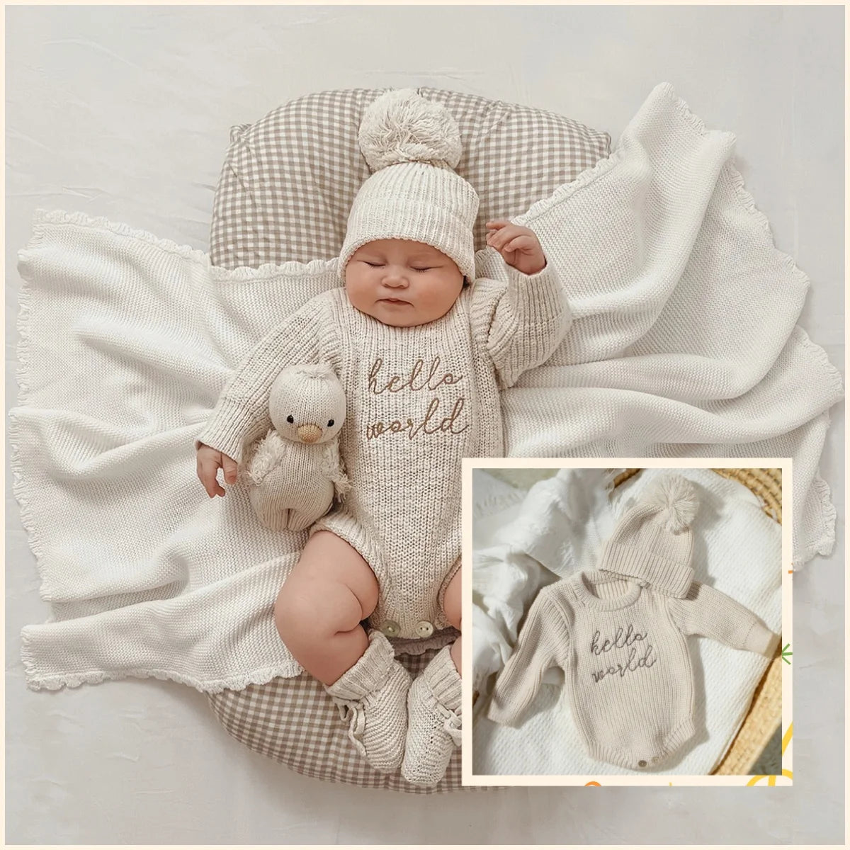 Hello World Knitted Newborn Photo Set - Romper & Pom Hat