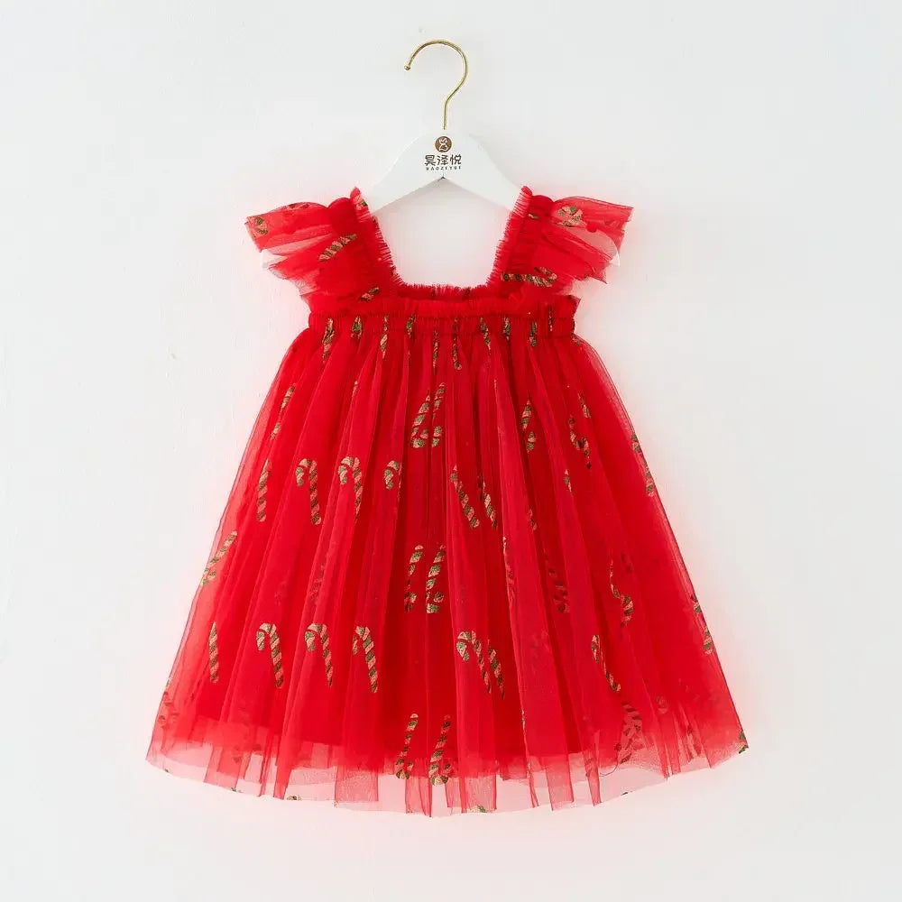 Gold Star Tulle Christmas Dress - Girls Party Dress with Mesh Overlay (0-7Y)