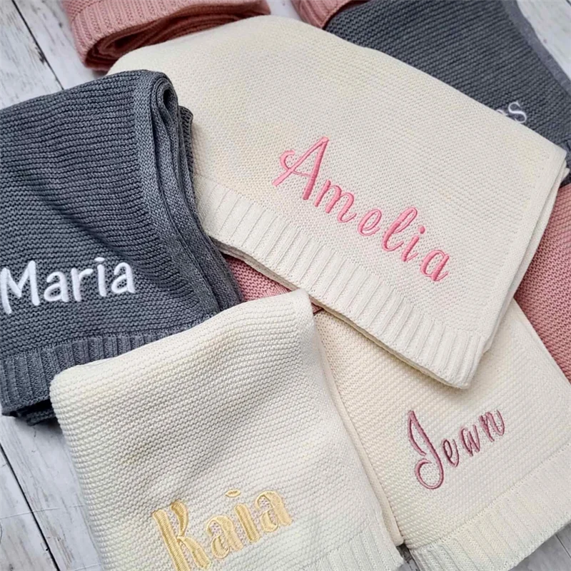 Personalized Embroidered Baby Blanket - Soft Cotton Knit with Custom Name