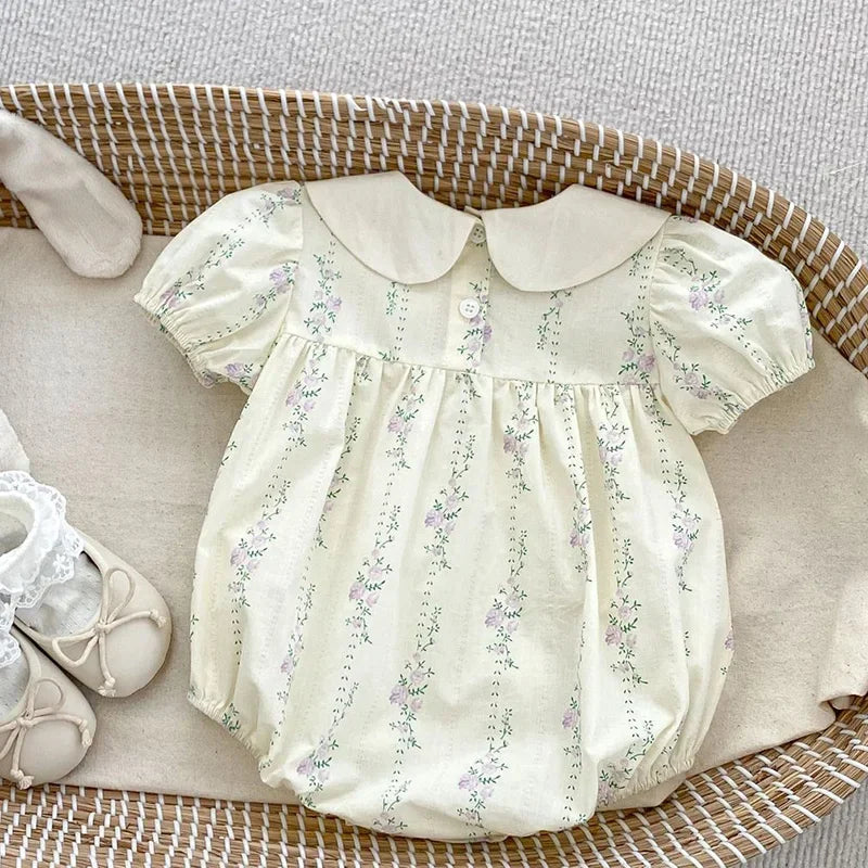Purple Flower Baby Girl Romper - Embroidered Cotton Summer Jumpsuit