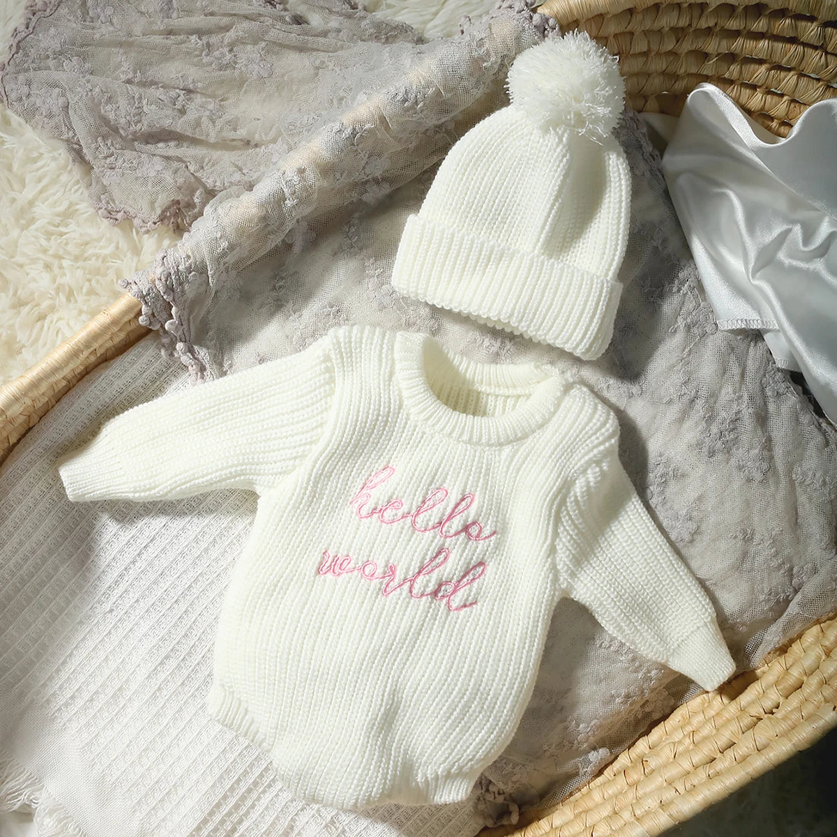 Hello World Knitted Newborn Photo Set - Romper & Pom Hat