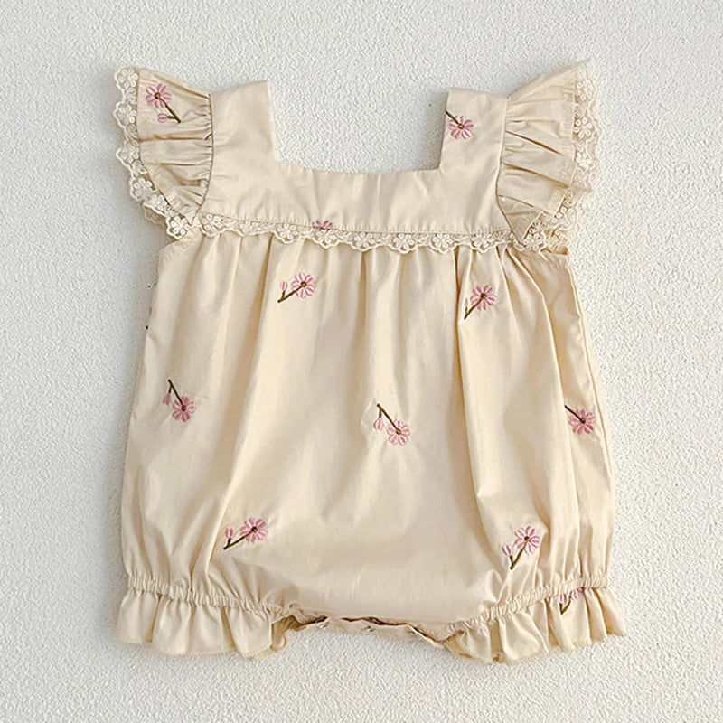Sweet Summer Baby Girl Romper - Embroidered Flower Sleeveless Outfit