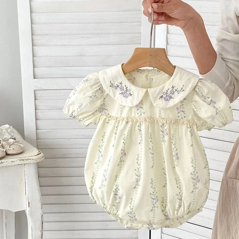 Purple Flower Baby Girl Romper - Embroidered Cotton Summer Jumpsuit