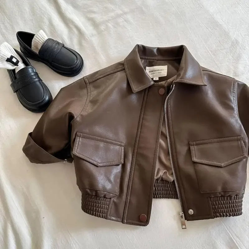 Kids Faux Leather Jacket - Brown Zipper Coat for Boys & Girls (2-10Y)