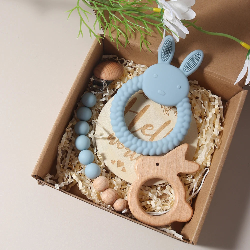 Newborn Baby Gift Set - Silicone Bunny Teether & Wooden Rattle BPA free