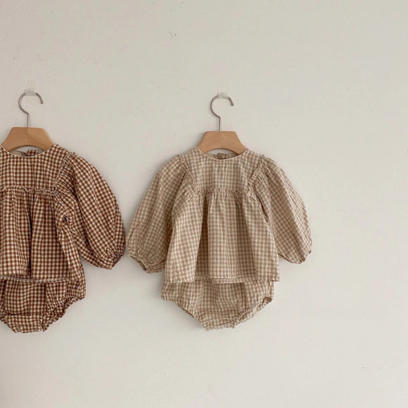 Spring Baby Girl Plaid Outfit Set - Cotton Blouse & Shorts