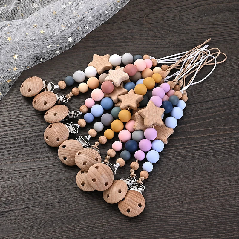 Wooden Star Pacifier Clip - Natural Silicone Teething Chain