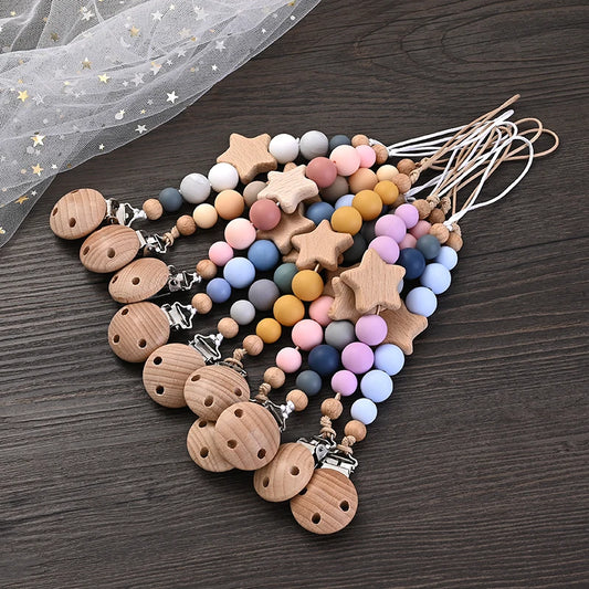 Wooden Star Pacifier Clip - Natural Silicone Teething Chain