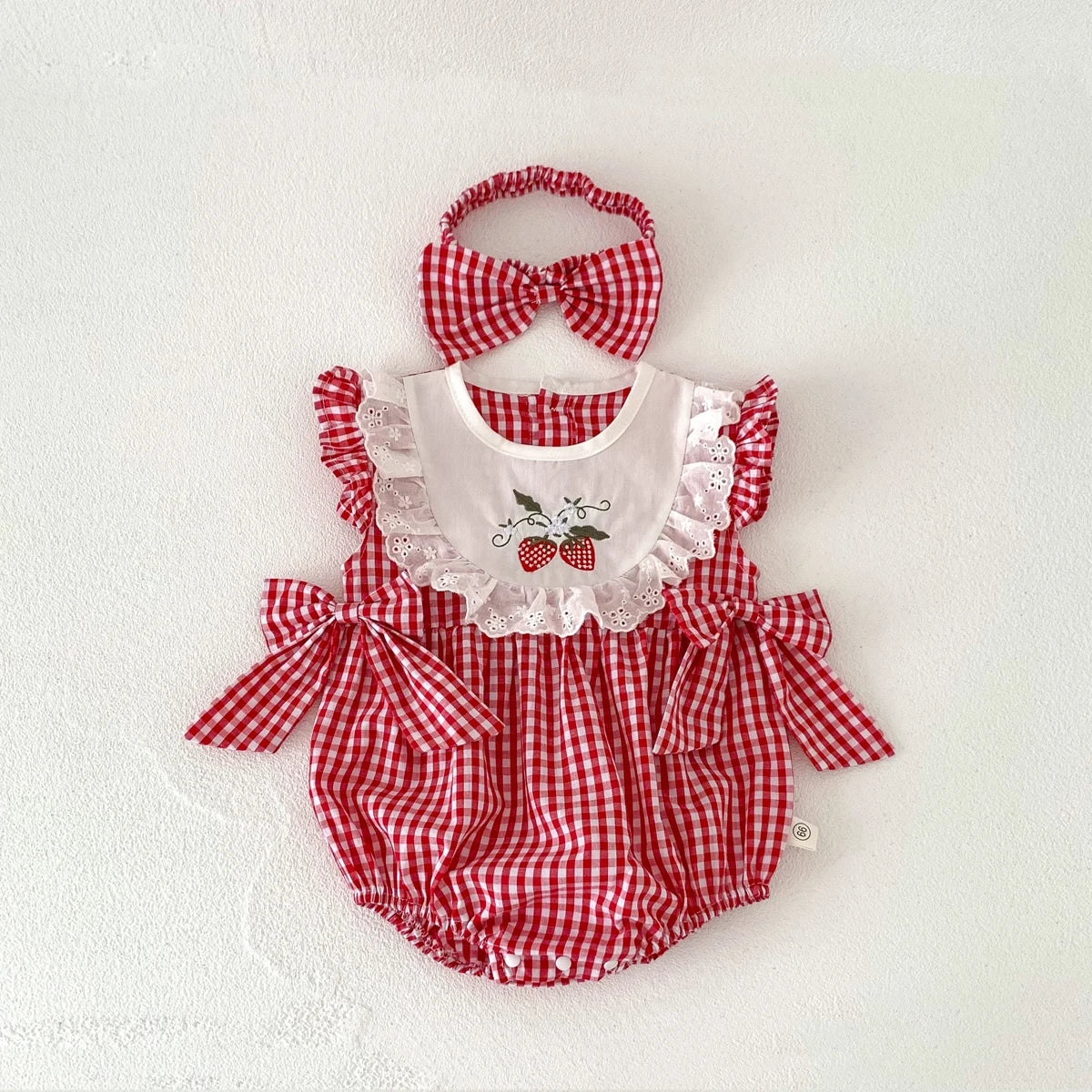 Sweet Strawberry Dreams Baby Romper Set - Adorable Red Plaid with Matching Headband