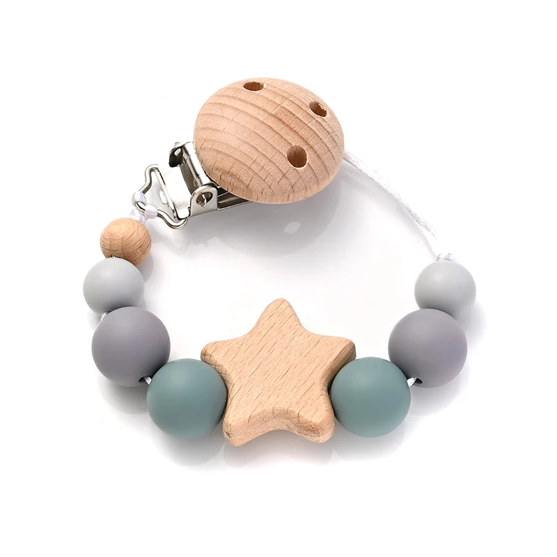Wooden Star Pacifier Clip - Natural Silicone Teething Chain