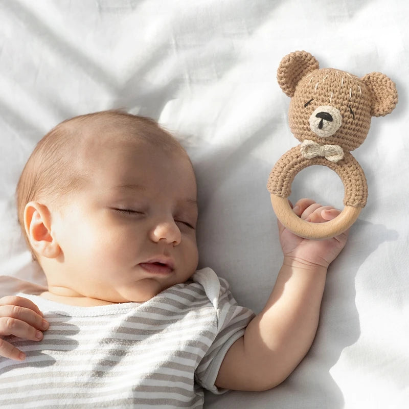 🐰 Bunny's First Friend - Handcrafted Crochet Rattle & Natural Wood Teether