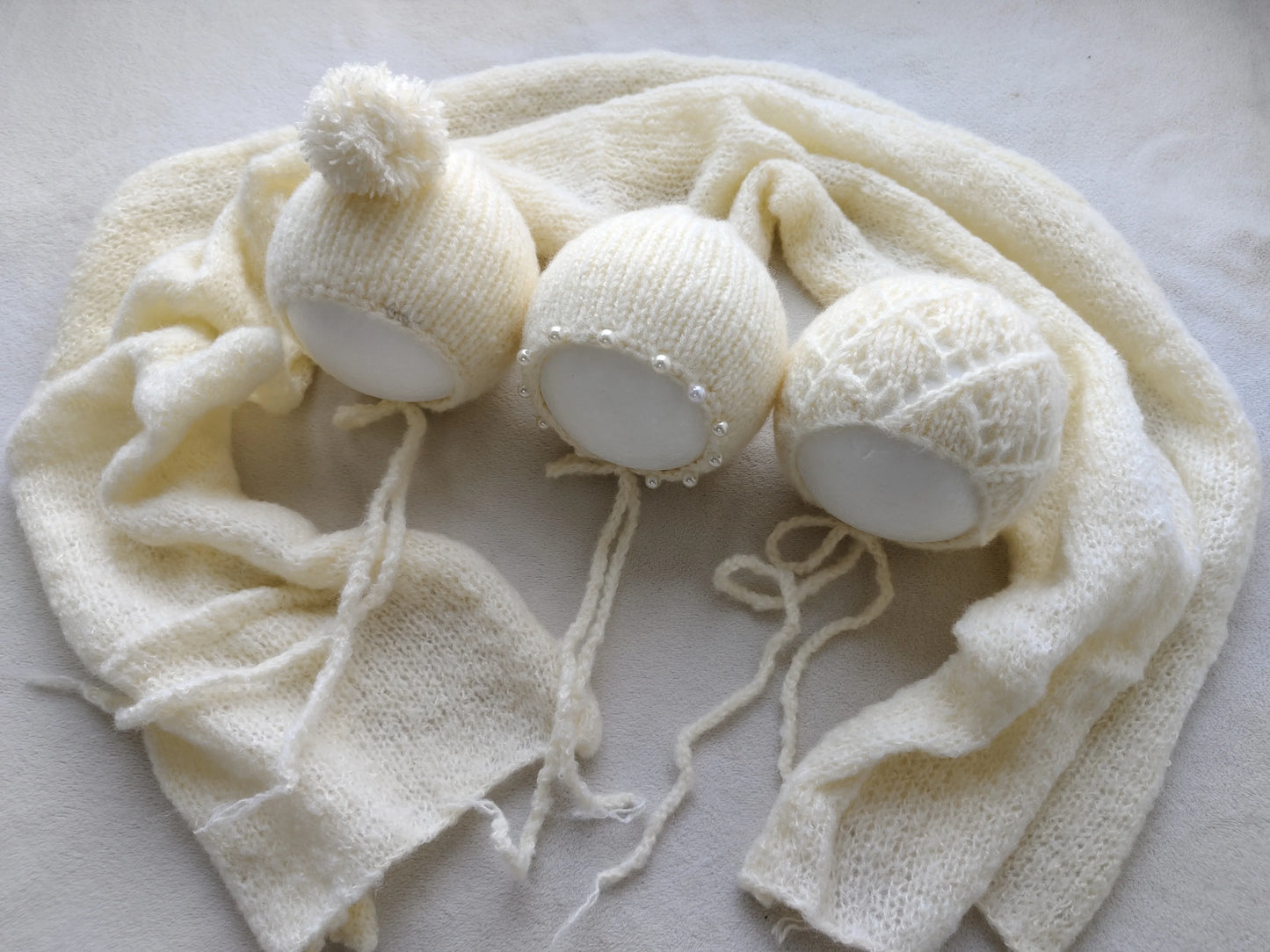 Newborn Photography Props - 3 Mohair Hats & Wrap Set