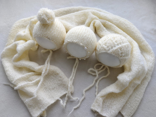 Newborn Photography Props - 3 Mohair Hats & Wrap Set