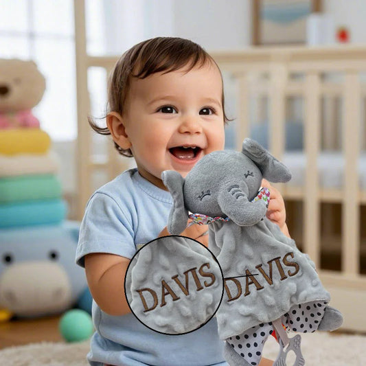 Personalised Baby Elephant Security Blanket with Silicone Teether - Organic Cotton