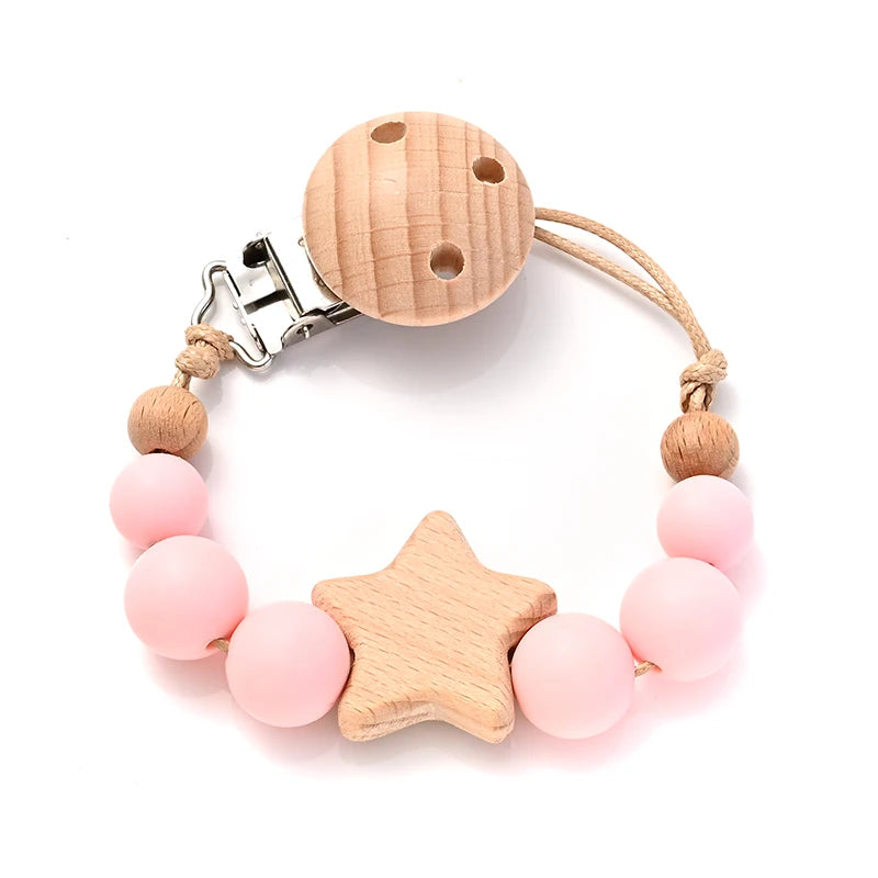 Wooden Star Pacifier Clip - Natural Silicone Teething Chain