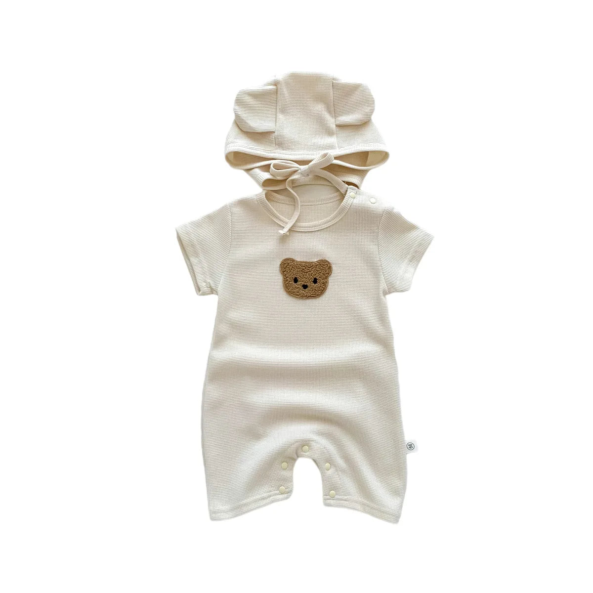 Little Bear Summer Romper Set - Cotton Waffle Jumpsuit with Matching Ear Hat