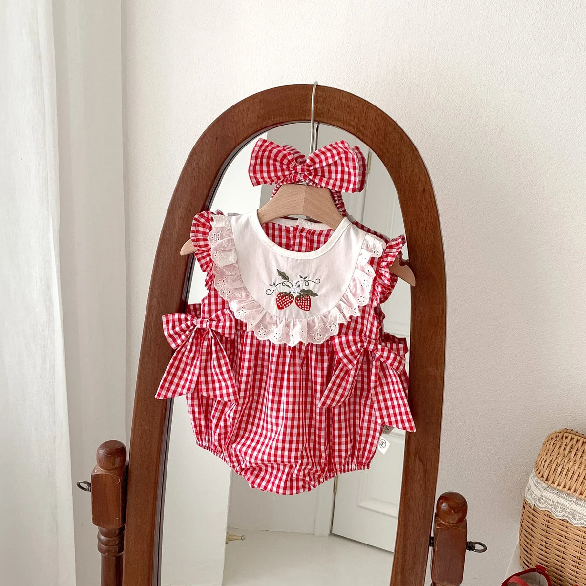 Sweet Strawberry Dreams Baby Romper Set - Adorable Red Plaid with Matching Headband