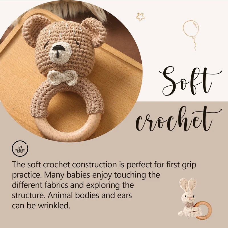 🐰 Bunny's First Friend - Handcrafted Crochet Rattle & Natural Wood Teether