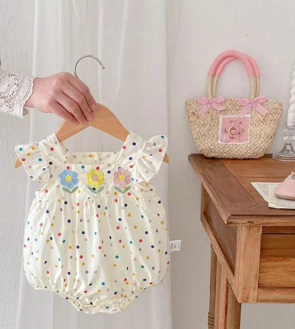 Cotton Jumpsuit with Floral Embroidery & Flutter Sleeves