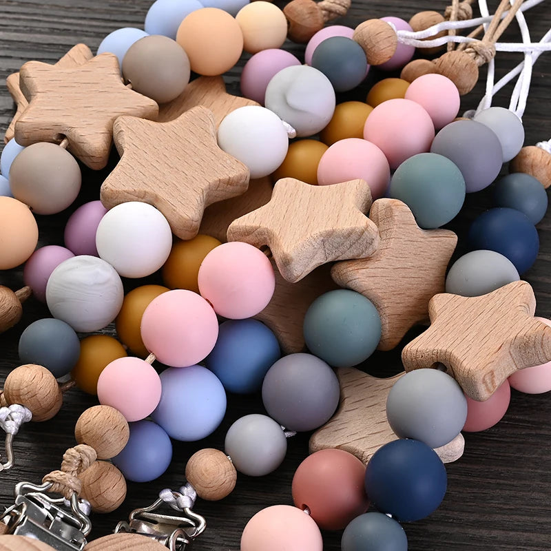 Wooden Star Pacifier Clip - Natural Silicone Teething Chain