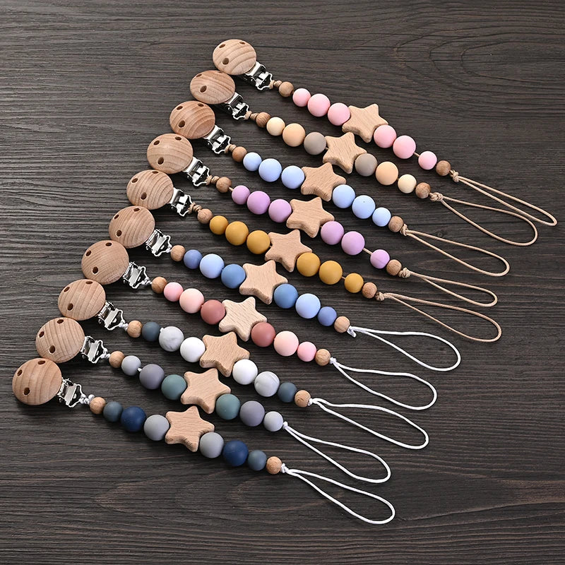 Wooden Star Pacifier Clip - Natural Silicone Teething Chain