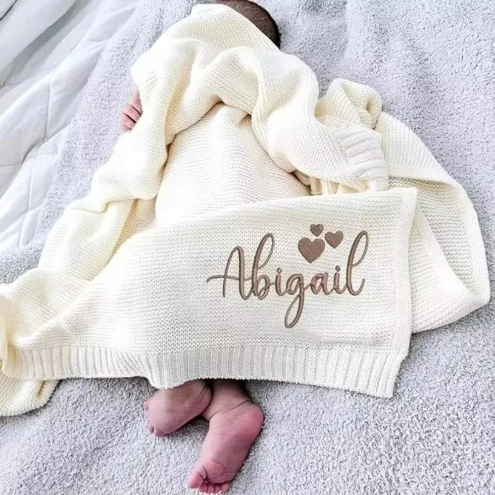 Personalized Baby Blanket - Custom Embroidered Name - Soft Cotton Knit