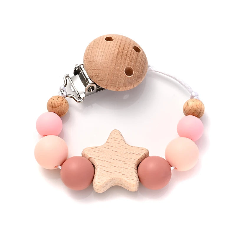 Wooden Star Pacifier Clip - Natural Silicone Teething Chain
