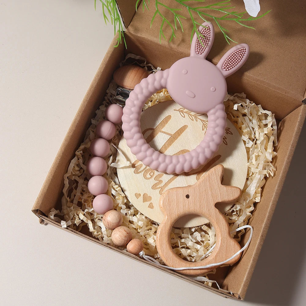 Newborn Baby Gift Set - Silicone Bunny Teether & Wooden Rattle BPA free