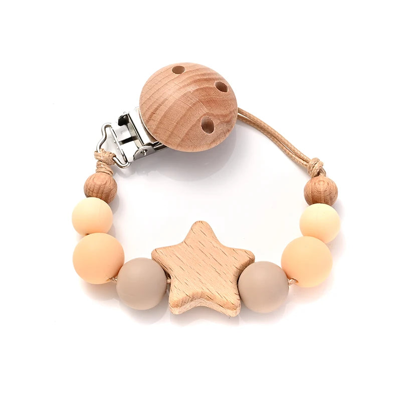 Wooden Star Pacifier Clip - Natural Silicone Teething Chain
