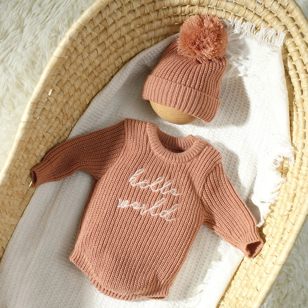 Hello World Knitted Newborn Photo Set - Romper & Pom Hat