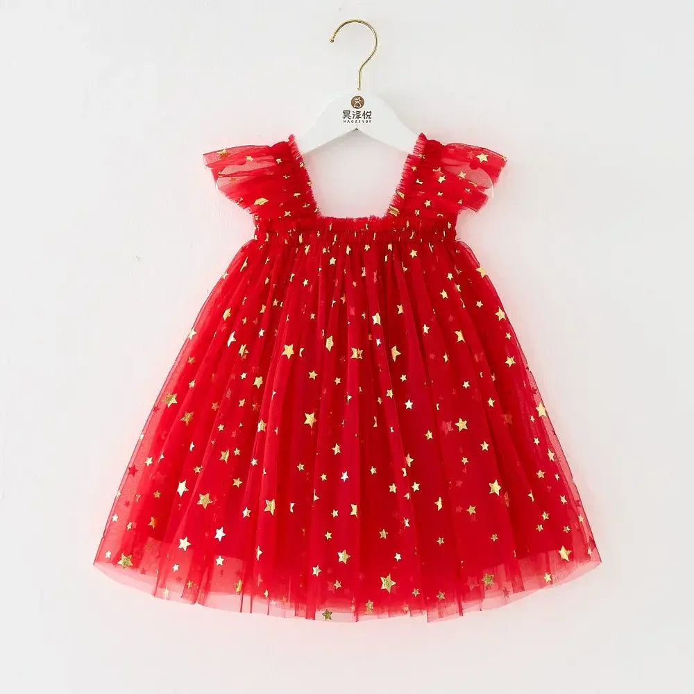 Gold Star Tulle Christmas Dress - Girls Party Dress with Mesh Overlay (0-7Y)