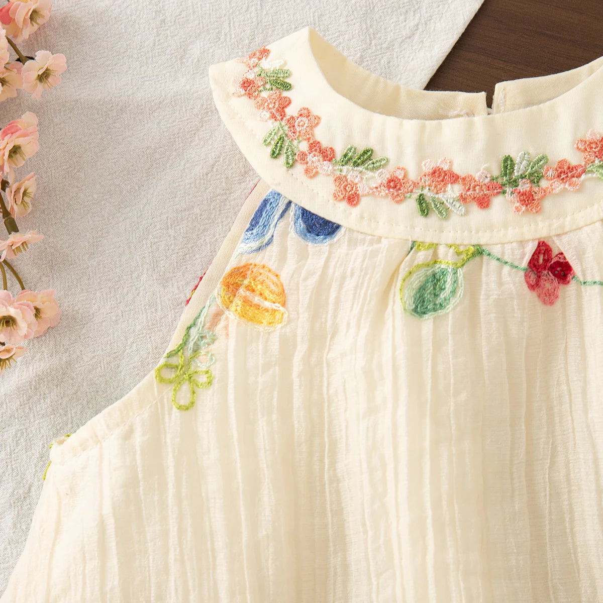 Flower Embroidery Baby Girl Summer Dress - Cotton Beach Dress