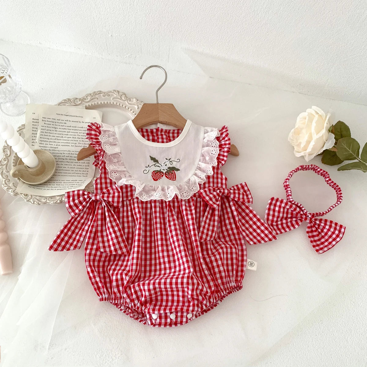 Sweet Strawberry Dreams Baby Romper Set - Adorable Red Plaid with Matching Headband