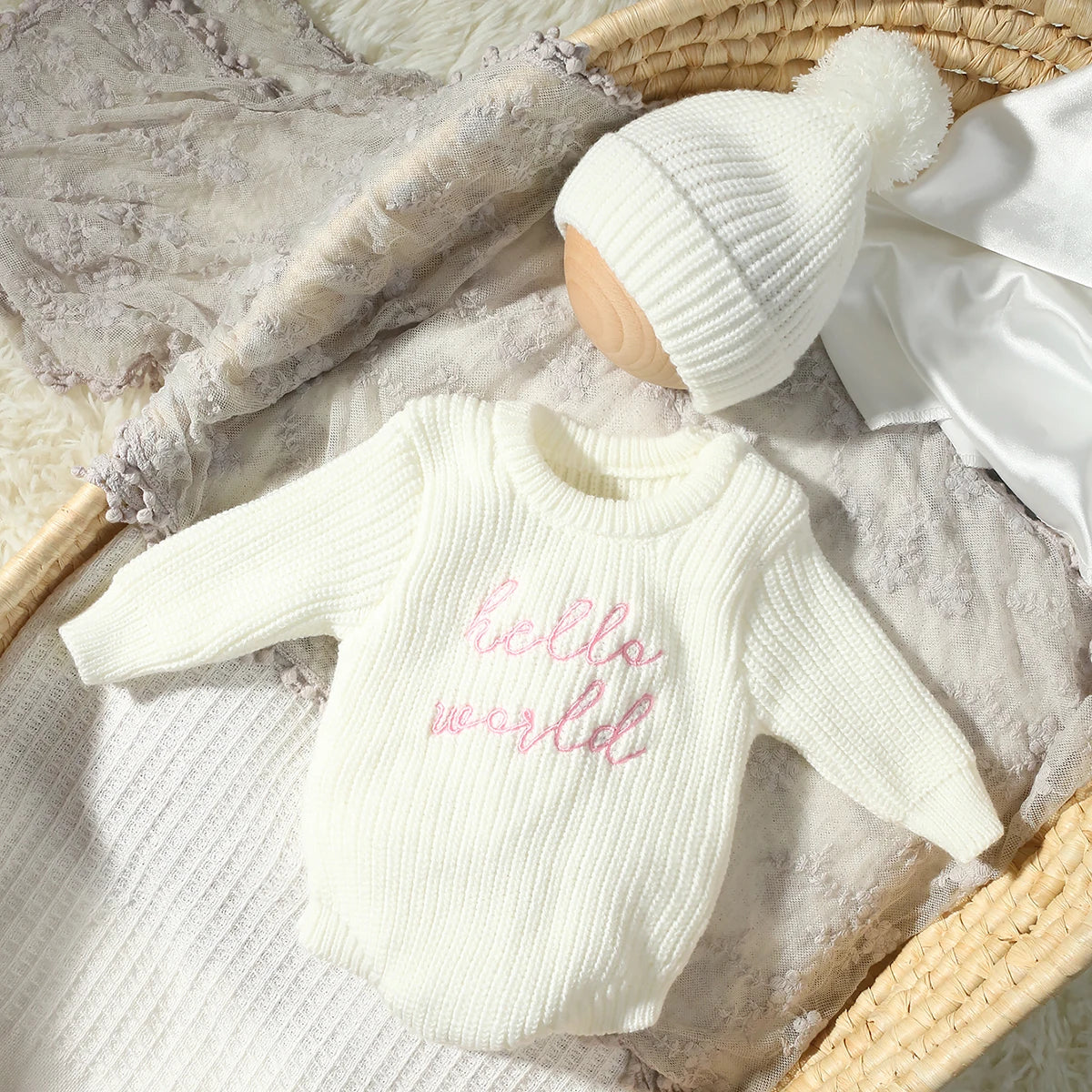 Hello World Knitted Newborn Photo Set - Romper & Pom Hat