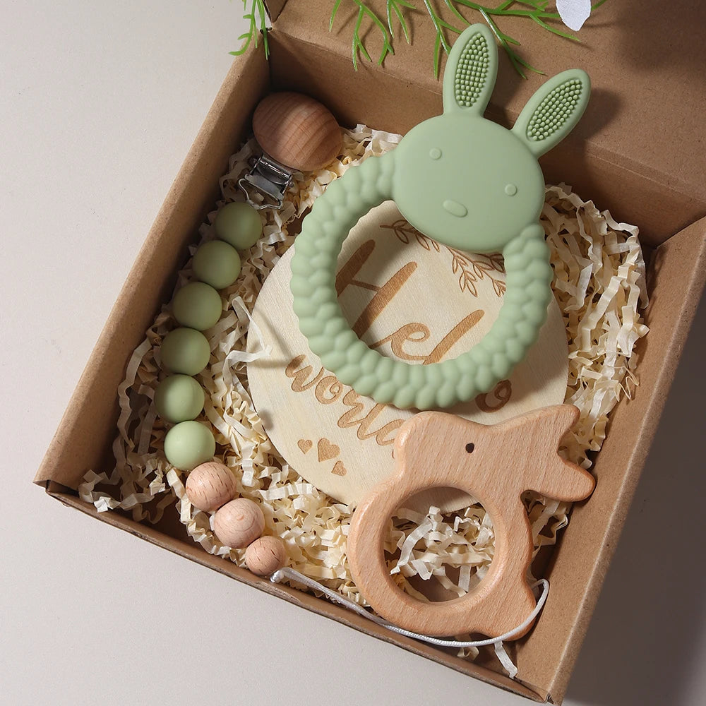 Newborn Baby Gift Set - Silicone Bunny Teether & Wooden Rattle BPA free