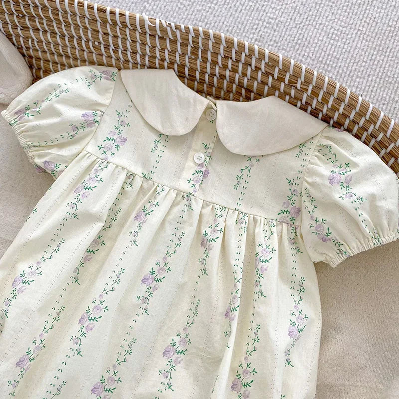 Purple Flower Baby Girl Romper - Embroidered Cotton Summer Jumpsuit