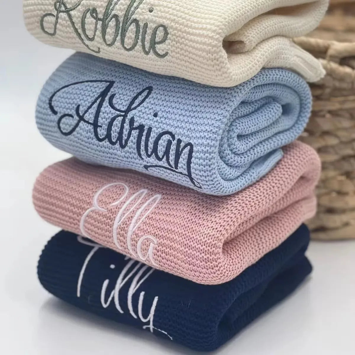 Personalized Embroidered Baby Blanket - Soft Cotton Knit with Custom Name