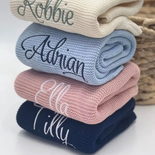 Personalized Embroidered Baby Blanket - Soft Cotton Knit with Custom Name
