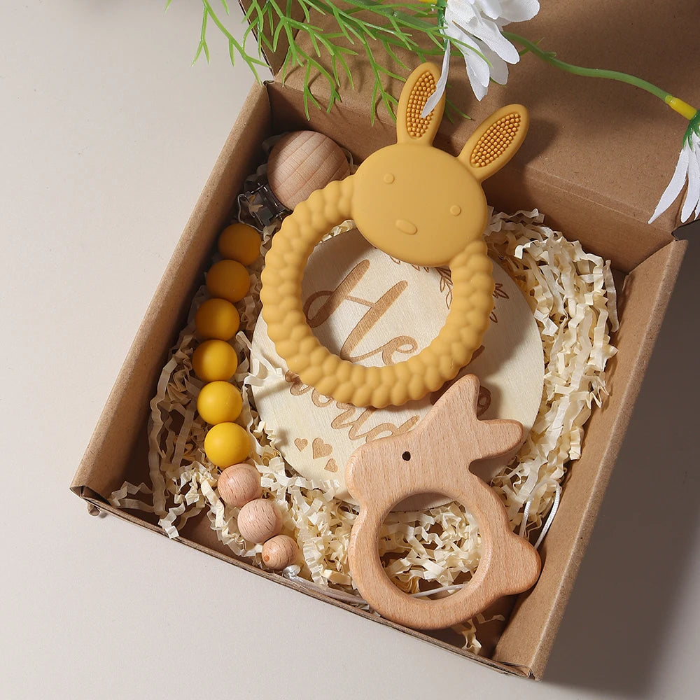 Newborn Baby Gift Set - Silicone Bunny Teether & Wooden Rattle BPA free